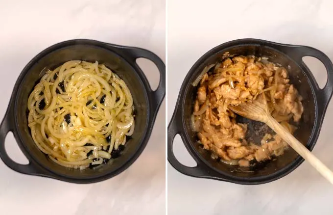 Step-by-step pictures showing onions and vegan chicken in a pan.