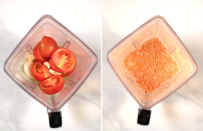 Side-by-side view of the bowl of a blender with the soup recipes before and after blending.