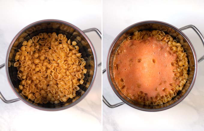 Side-by-side view of a large pot in which the pasta shells are first fried and then mixed with liquid ingredients.