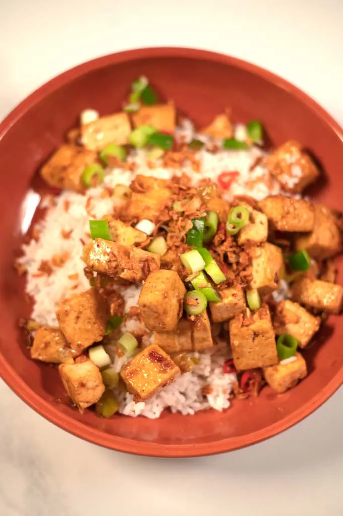 A serving of Chinese Tofu over white rice.