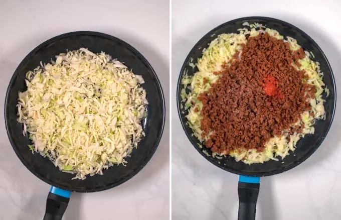 Step by step pictures showing the preparation steps to make Hamburger and Cabbage.