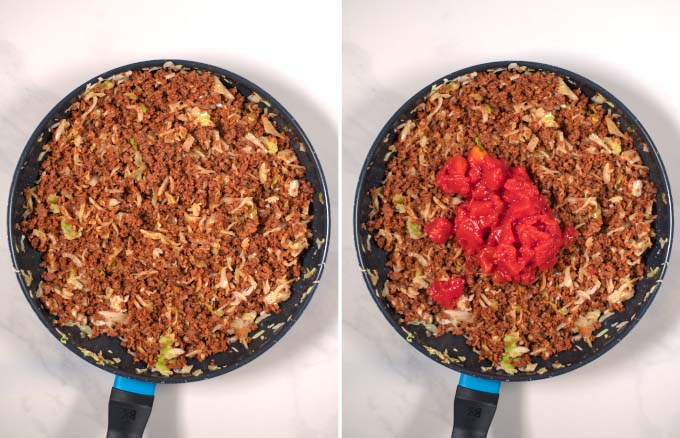 Side by side view showing a pan with ground beef and cabbage mixture to which tomato is given.