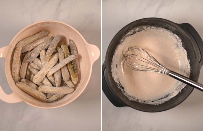 Side-by-side view of flour-coated pickles and a latge mixing bowl with batter ingredients.