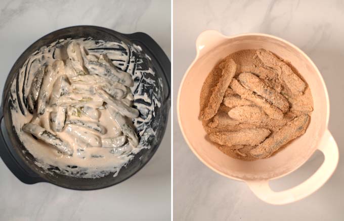 Side-by-side view of battered pickle fries and coated in breadcrumbs.