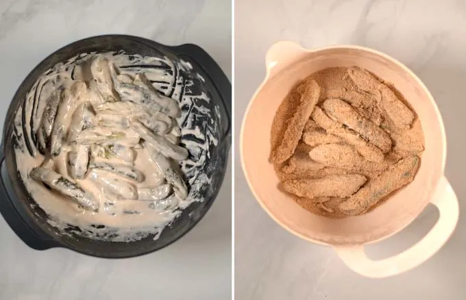 Side-by-side view of battered pickle fries and coated in breadcrumbs.