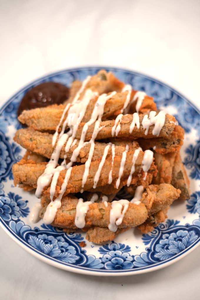 Closeup on a serving of pickle fries.