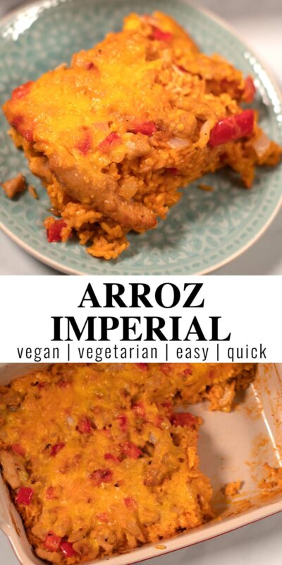 Collage of two photos of Arroz Imperial with recipe title text.