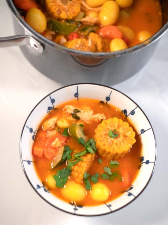 Closeup of a serving of Caldo de Pollo.