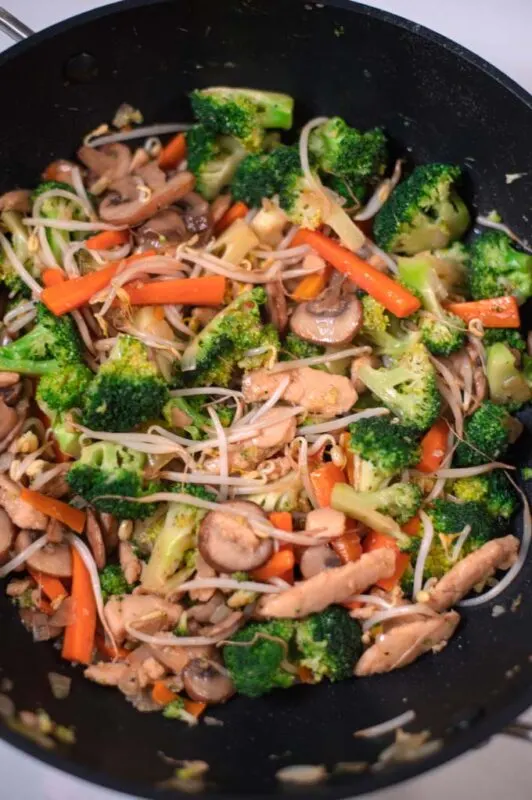 Closeup of Chinese Chop Suey in a wok.