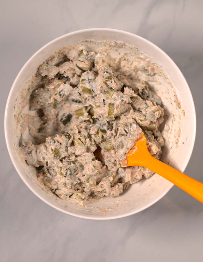 Fried Pickle Dip in the mixing bowl.