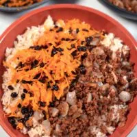 Closeup of a serving of Kabuli Pulao.