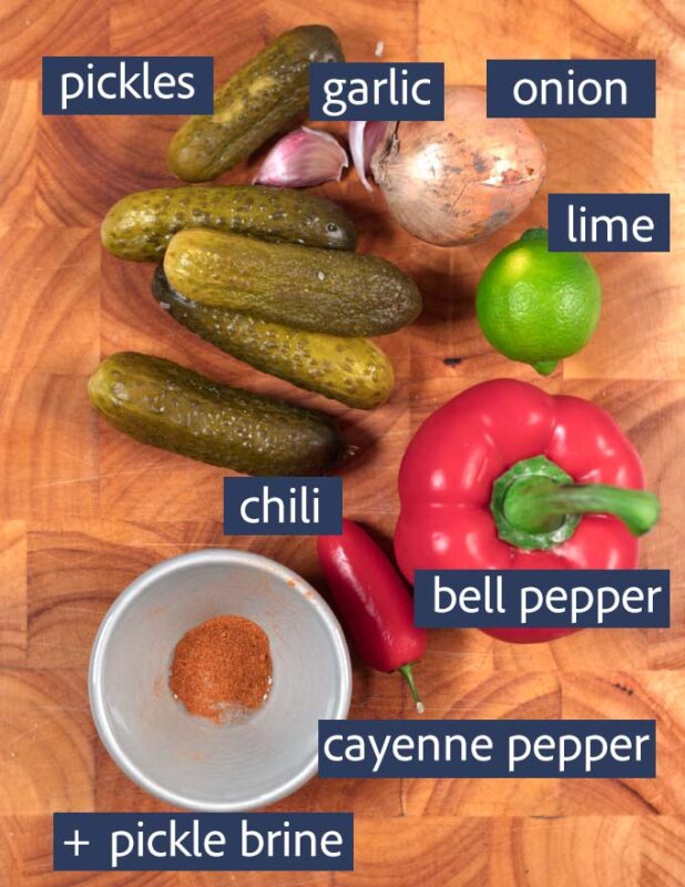 View of the collected ingredients needed to make Pickle de Gallo with labels.