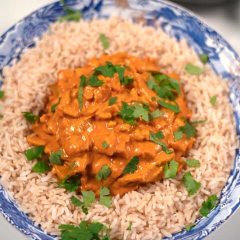 Closeup on a serving of Best Indian Curry with rice and garnished with fresh cilantro.