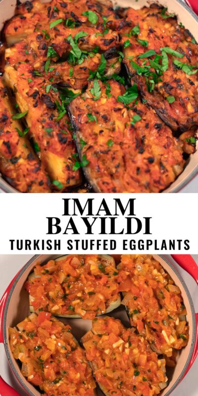 Collage of two photos of Imam Bayildi with recipe title text.