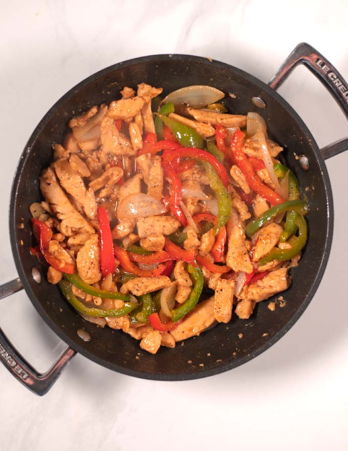 Top view on the pan with Pepper Chicken.