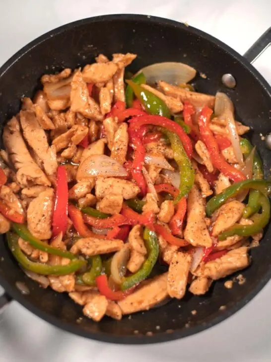 Closeup of Pepper Chicken in a pan.