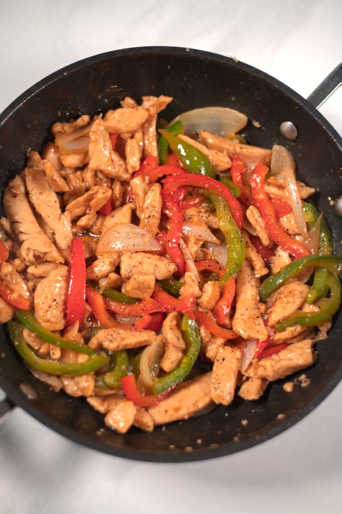 Closeup of Pepper Chicken in a pan.