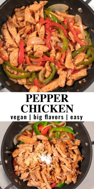 Collage of two photos of Pepper Chicken with recipe title text.