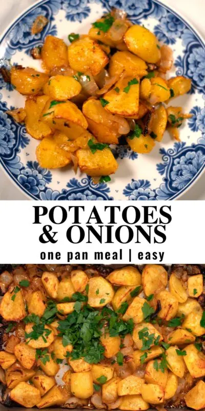 Collage of two photos of oven-roasted potatoes and onions with recipe title text.