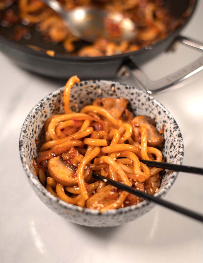 Closeup of a serving of a Simple Udon Noodles.