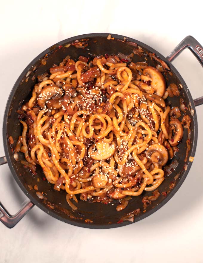 Top view of Simple Udon Noodles garnished with sesame seeds.