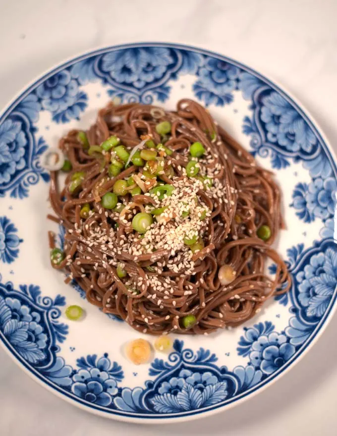 A serving of Soba Noodles with sauce.