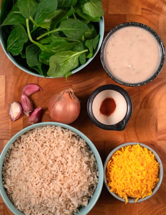 Ingredients needed to make Spinach Rice Casserole.