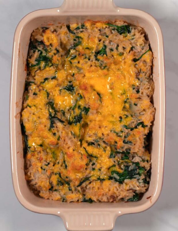 Top view of the Spinach Rice Casserole afte baking.