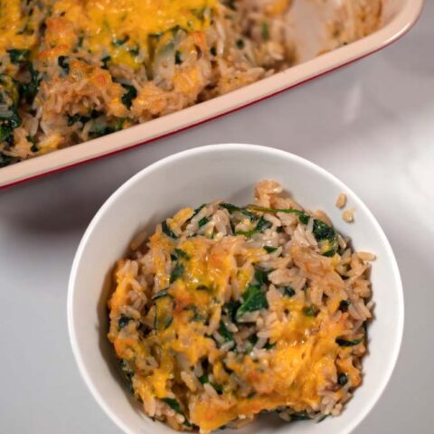 Closeup of a serving of Spinach Rice Casserole.