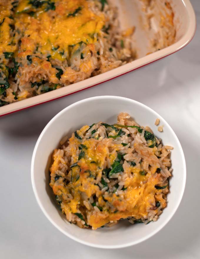 Closeup of a serving of Spinach Rice Casserole.