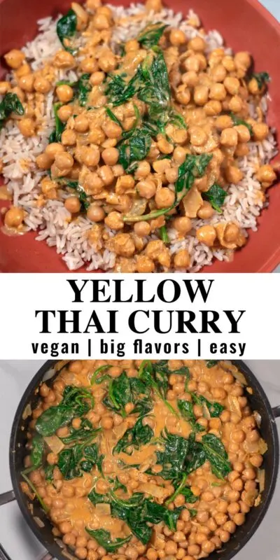 Collage of two photos of Vegetarian Yellow Thai Curry with recipe title text.