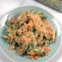 Closeup on a serving of Chicken Florentine Casserole.