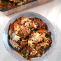 Closeup on a serving of eggplant casserole.